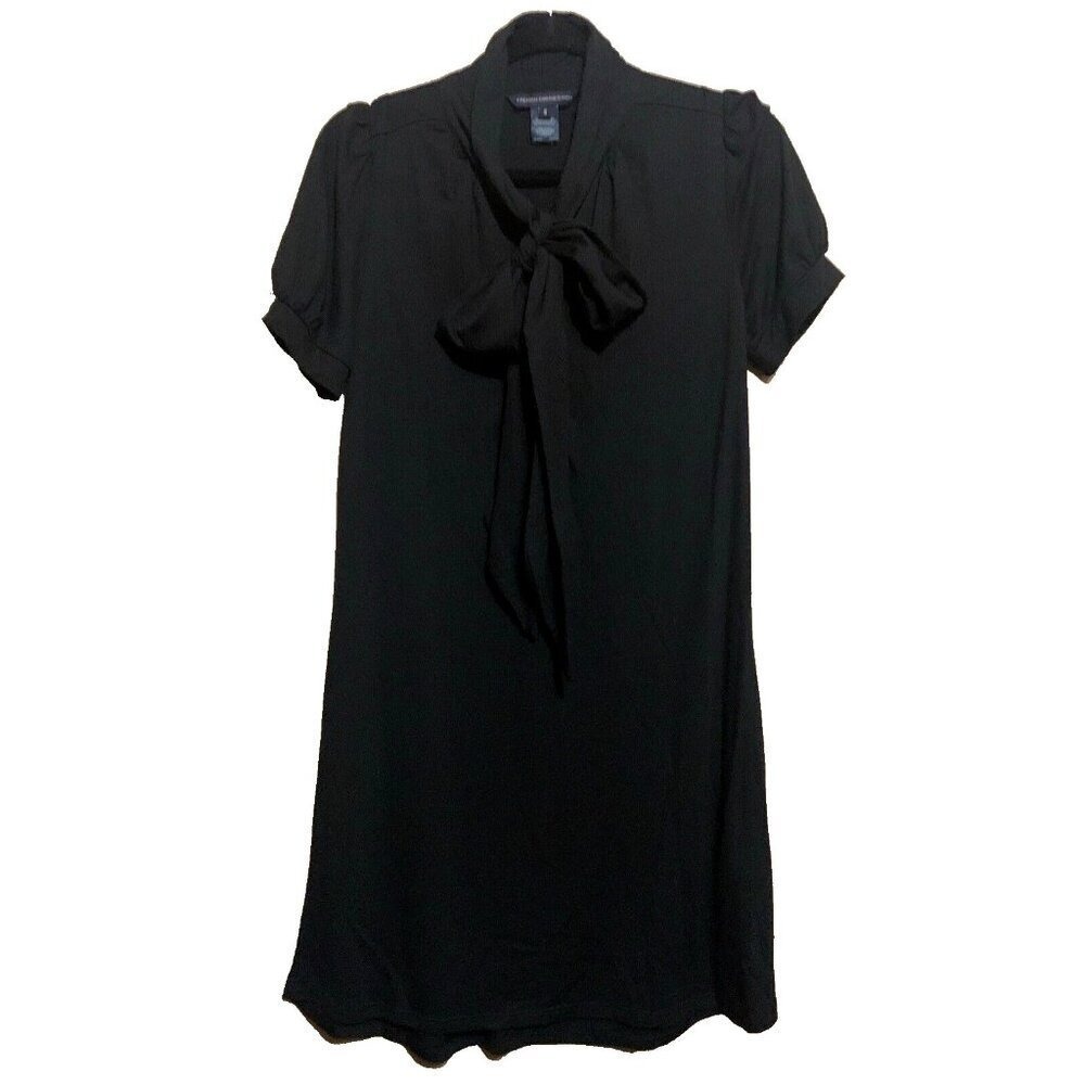 French Connection Black Floppy Bow Tie Neck Puff Sleeve Shift Dress Size 6
